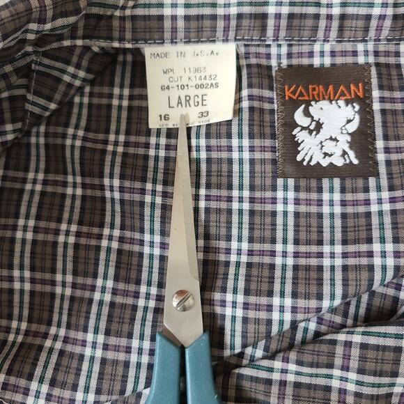 Vtg Karman Plaid Western Long Sleeve Shirt Pearl Snap Extra Long Tails Yoke L - Picture 5 of 12
